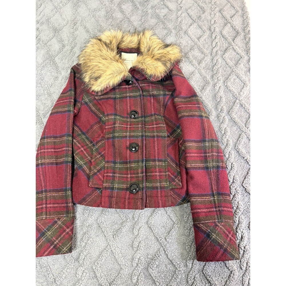 Heritage 1981 Jacket Womens Medium Red Tartan Plaid Faux Fur Trim Heritage Chic